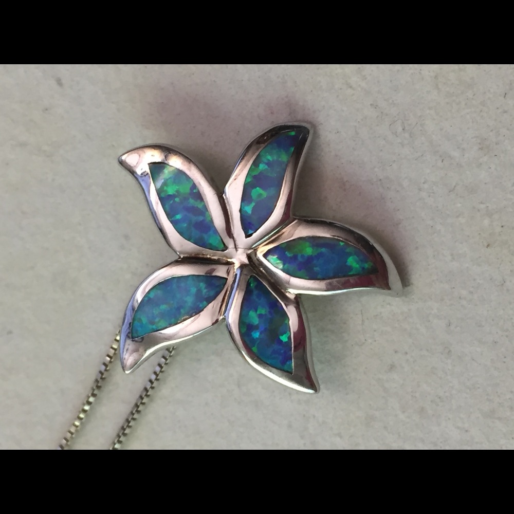925 Sterling silver blue opal flower pendant and chain
